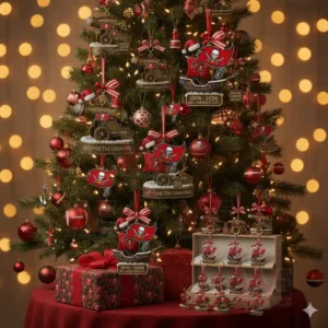 Christmas tree with Tampa Bay Buccaneers ornaments and a red gift beneath it.
