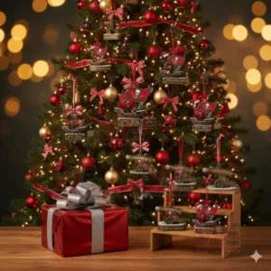 Tampa Bays Buccaneers 50th Anniversary Ornament 5 Tampa Bay Buccaneers-themed ornaments on a Christmas tree with a red gift in the foreground.
