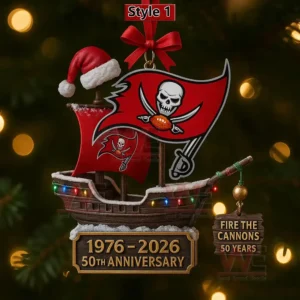 Tampa Bays Buccaneers 50th Anniversary Ornament 6 Tampa Bay Buccaneers ship ornament for the 50th Anniversary with festive lights and snow.