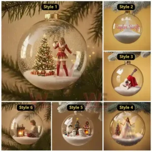 Taylor Swift inspired Christmas ornaments with festive miniature designs inside clear glass balls!