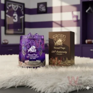 TCU Horned Frogs anniversary glass with ice on a white rug in a purple sports decorated room!