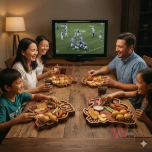 A family shares snacks from themed wooden boards while watching a football game together at the table!
