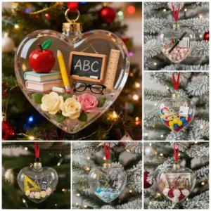 Teacher Heart Ornament 9 Alt text: Close-up of heart-shaped ornaments featuring teacher-themed decorations like books and chalkboards.