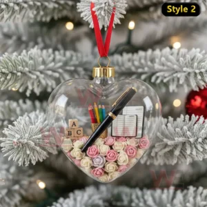 Teacher Heart Ornament 11 Alt text: Heart-shaped ornament filled with ABC blocks, colored pencils, and a pen.