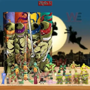 A Teenage Mutant Ninja Turtles Advent calendar featuring comic book artwork and multiple collectible figures placed below.