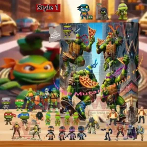 A Teenage Mutant Ninja Turtles Advent calendar showing colorful city artwork and mini character figurines displayed in front.