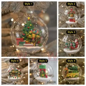 A collage of six Ninja Turtles Christmas ornaments each holding a snowy miniature holiday scene inside a clear globe!