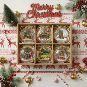 A gift box containing six Ninja Turtles themed Christmas ornaments arranged with festive wrapping and decorations!
