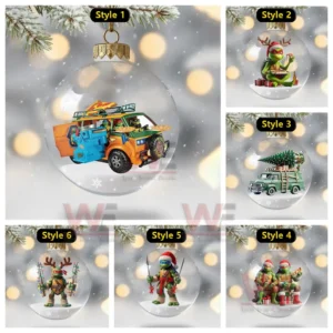 A collage of clear round ornaments featuring holiday themed ninja turtle characters surrounded by snowy effects and Christmas lights!