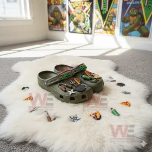 Display of Teenage Mutant Ninja Turtles Crocs with themed decorations and scattered charms surrounded by TMNT posters.