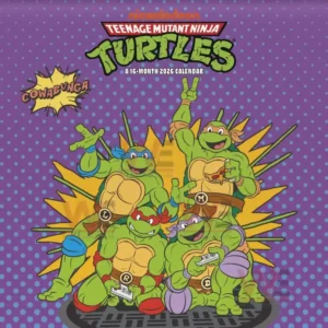 Four animated turtle heroes posing on a vibrant purple calendar cover.