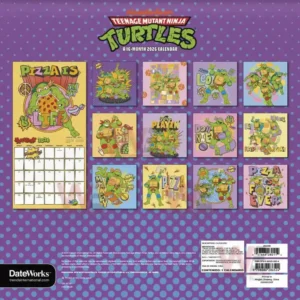 Back cover with preview turtle illustrations and a sample monthly calendar page.