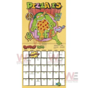 Animated turtle holding pizza above a January calendar grid.