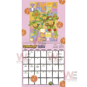 Four animated turtles posing above a February calendar layout with pizza decorations.