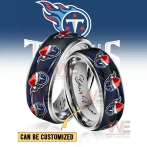 Two silver rings with dark blue festive emblem bands and customizable inner engraving!