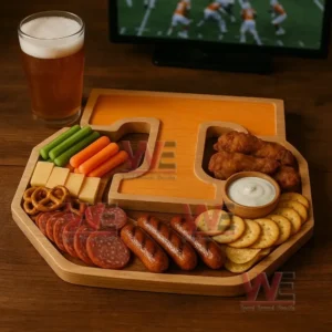A wooden snack board holding vegetables cheese pretzels sliced meats sausage crackers chicken strips and dipping sauce ready for a game day meal!