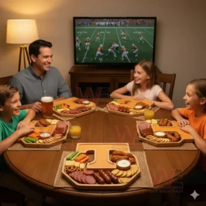 Tennessee Volunteers Heritage Platter Board 3 A family shares food from matching wooden snack boards while watching a football game together at the table!