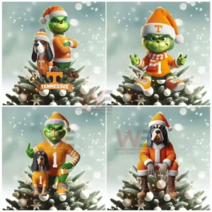 A set of Grinch and dog Christmas tree toppers wearing orange Tennessee Volunteers outfits and Santa hats on decorated trees with snowy ornaments!