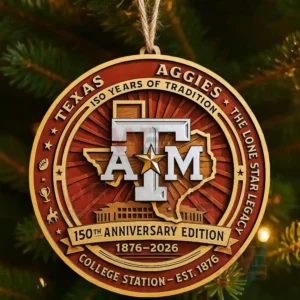 Texas A&M Aggies 150th anniversary ornament with state outline and university emblem hanging on a decorated Christmas tree.