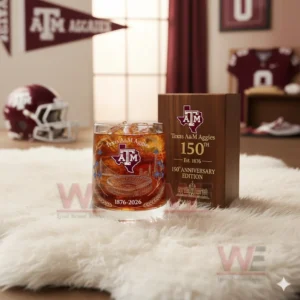 Texas A&M Aggies 1876-2026 150th Anniversary Whiskey Glass 4 A Texas AM commemorative drink glass with ice next to a wooden box on a fluffy white rug in a sports styled room!