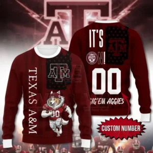 A Texas A&M Christmas sweater with a football mascot and customizable number "00."