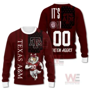 Texas A&M Aggies Gig'em Aggies Christmas Sweater 5 Front and back view of a Texas A&M Christmas sweater with the Aggies mascot and custom number