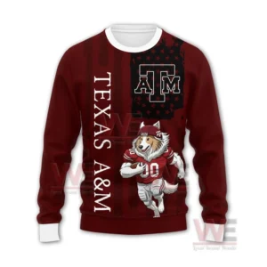 Texas A&M Aggies Gig'em Aggies Christmas Sweater 7 Front view of a Texas A&M Christmas sweater with the Texas A&M logo and a wolf mascot in football gear.