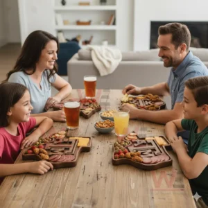 A family enjoys assorted snacks on state shaped wooden trays while watching a sports game on a screen!