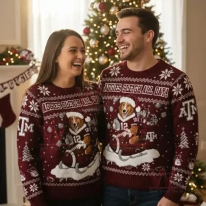 A couple in matching Texas A&M Christmas sweaters with a dog mascot, snowflakes, and the slogan 