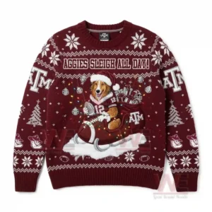 Front view of a Texas A&M Christmas sweater with a dog mascot, snowflakes, and 