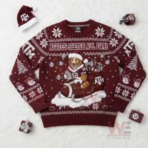 Texas A&M Aggies Christmas sweater with a hat, ornament, and gift box, featuring a dog mascot and 