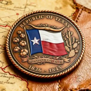 A Texas themed coin with the state flag and western symbols engraved around it.