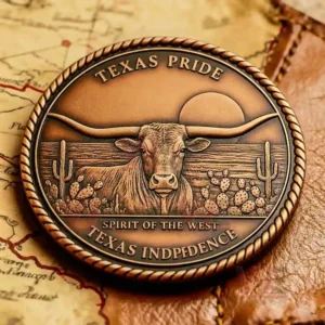 A Texas themed coin with a longhorn and desert scenery engraved on it.