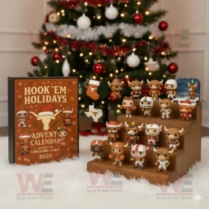 A set of Texas Longhorns mini ornaments displayed near a Christmas tree with a Hook Em Holidays 2025 Advent Calendar box!
