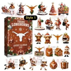 A Texas Longhorns themed Advent Calendar 2025 with multiple decorative ornaments showing mascots athletes and Christmas items in burnt orange colors!
