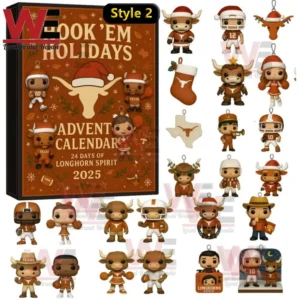 A Hook Em Holidays Advent Calendar 2025 with various Longhorns inspired ornaments featuring mascots and holiday figures in orange and white colors!