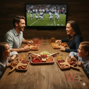 A family enjoys assorted snacks on longhorn shaped trays while watching a sports game on a screen!