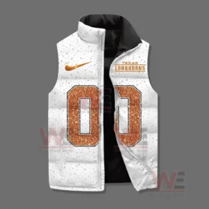 A front facing white puffer vest with orange numbers and Texas Longhorns branding shown on a gray background!