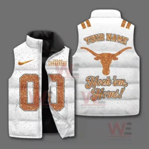 A white Texas Longhorns puffer vest shown from front and back with orange numbers and a bold longhorn emblem on a gray background!