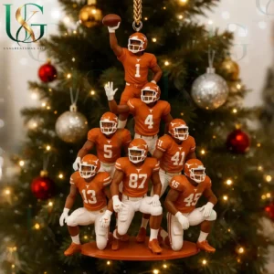 Texas Longhorns football players in a pyramid formation as a Christmas tree ornament with festive decorations in the background!