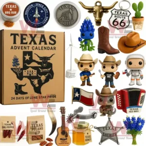 A Texas themed advent calendar featuring small figures and objects that represent state traditions food music and western heritage.