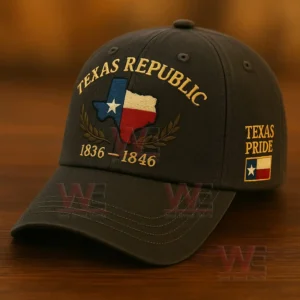 A dark baseball cap with Texas Republic embroidery resting on a wooden surface!