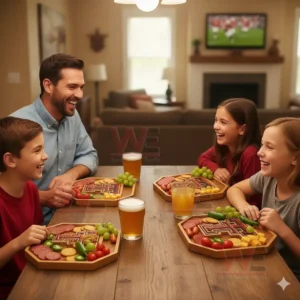 Texas Tech Red Raiders Heritage Platter Board 3 A family enjoys assorted snacks on emblem themed wooden trays while watching a sports game on a screen!