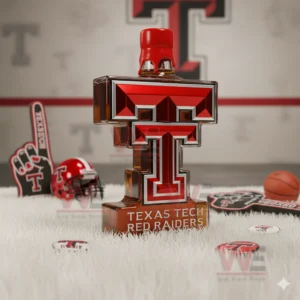 Texas Tech Red Raiders Guns Up Whiskey Bottle 7 A T shaped bottle in red and black sits on a white rug with team items such as a helmet a foam hand and a basketball!