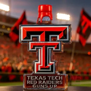 Texas Tech Red Raiders Guns Up Whiskey Bottle 9 A red and black T shaped bottle is positioned with stadium lights flags and a cheering crowd behind it!