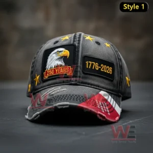Dark gray 250th anniversary United States cap with eagle emblem and gold stars.