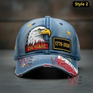 Blue denim 250th anniversary cap with bald eagle and patriotic embroidery.