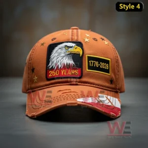 Orange 250th anniversary United States cap with eagle patch and vintage flag design.