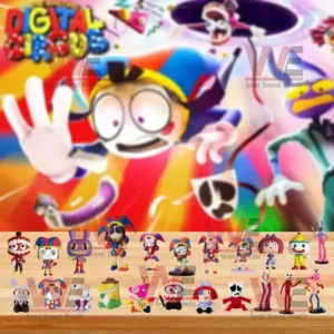 A lineup of The Amazing Digital Circus character figurines positioned on a wooden table against a dynamic multicolor backdrop.
