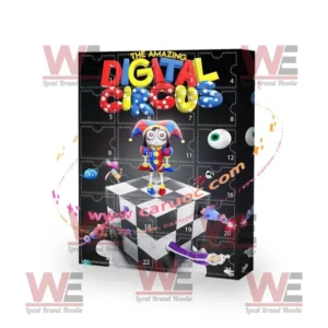 A The Amazing Digital Circus Advent calendar showing the colorful title and main character in a playful surreal scene.